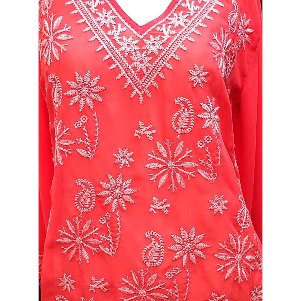 Antonio Melani Hippie Boho Tunic Size S Embroidered Deep Orange Art-To-Wear - Picture 3 of 5